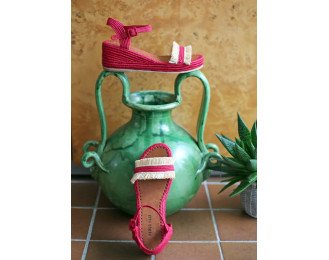 Raffia Heeled Sandals Mira | Red With Natural
