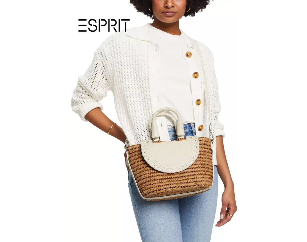 Raffia bag with a touch of white leather