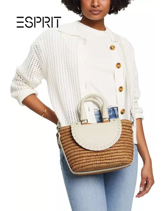Raffia bag with a touch of white leather