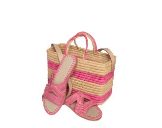 Olivia Raffia Bag-sandal | Pink And beige Natural