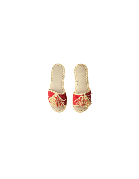 Flat Raffia Sandal  | Red - Natural